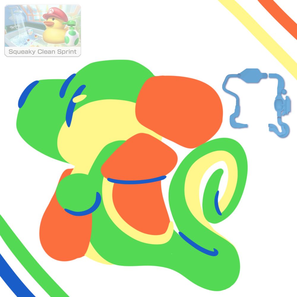 A map of the Mario Kart track "Squeaky Clean Sprint" next to a drawing of Yoshi that is shaped like the map.
