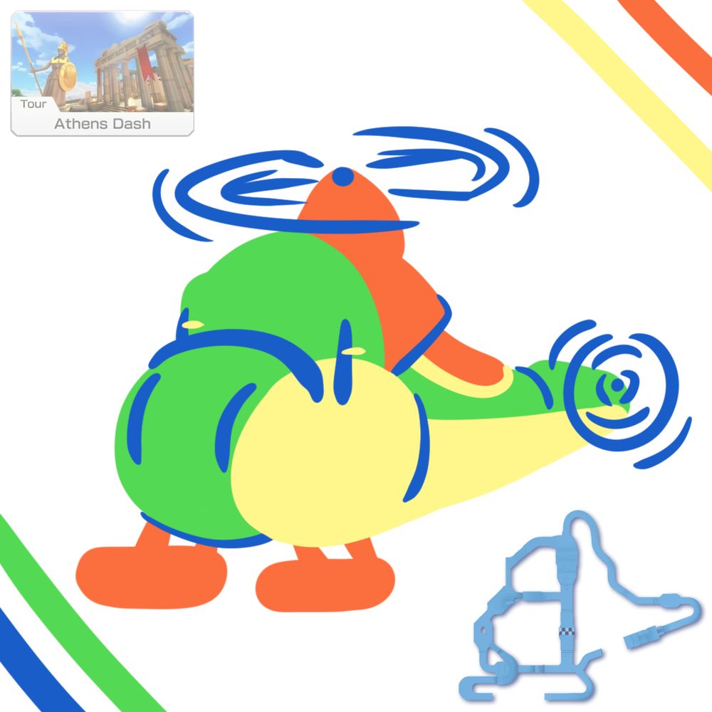 A map of the Mario Kart track "Athens Dash" next to a drawing of Yoshi that is shaped like the map.
