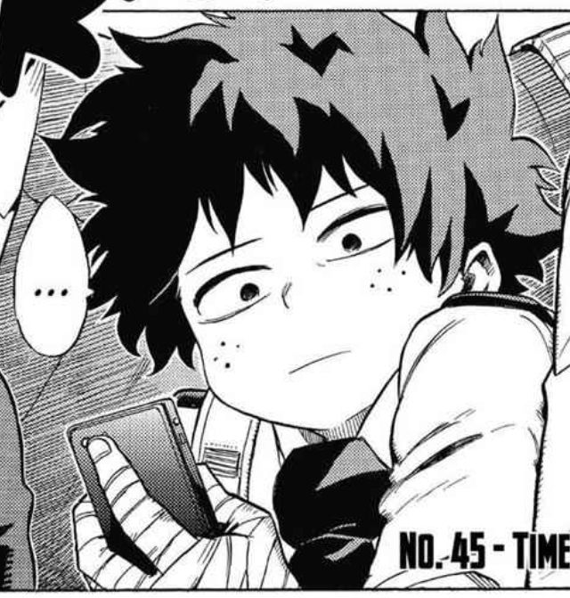 cropped MHA panel from chapter 45 of deku (disaffected) staring at his phone on crowded public transit