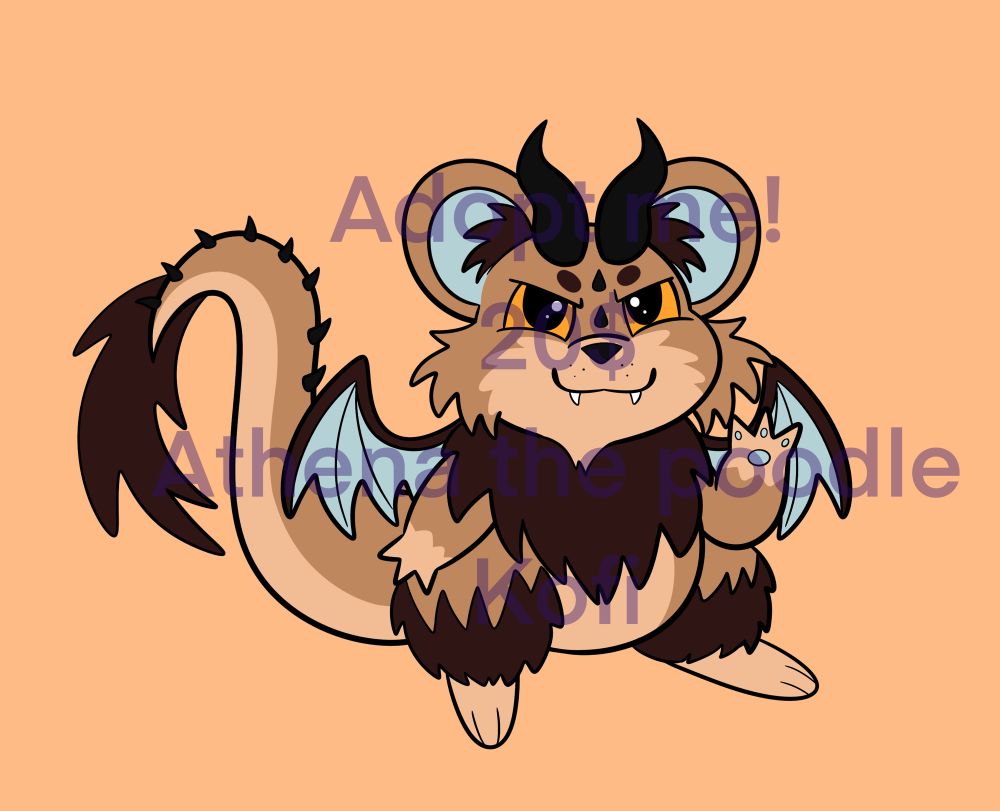A brown vampire inspired dramster (hamster dragon)  with blue wings and yellow eyes 
