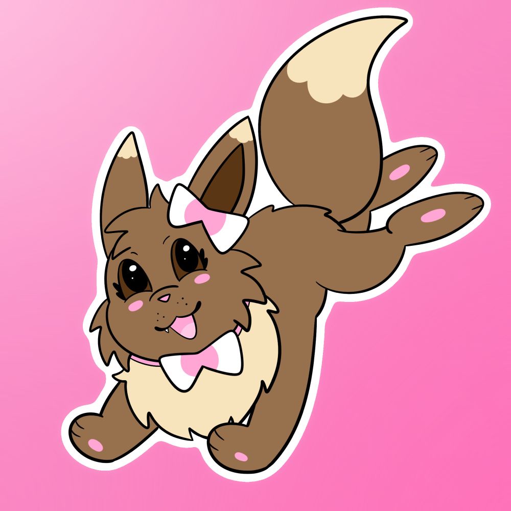 A eevee with pink cheeks and a pink nose. She is jumping and wearing Sylveon bows. 