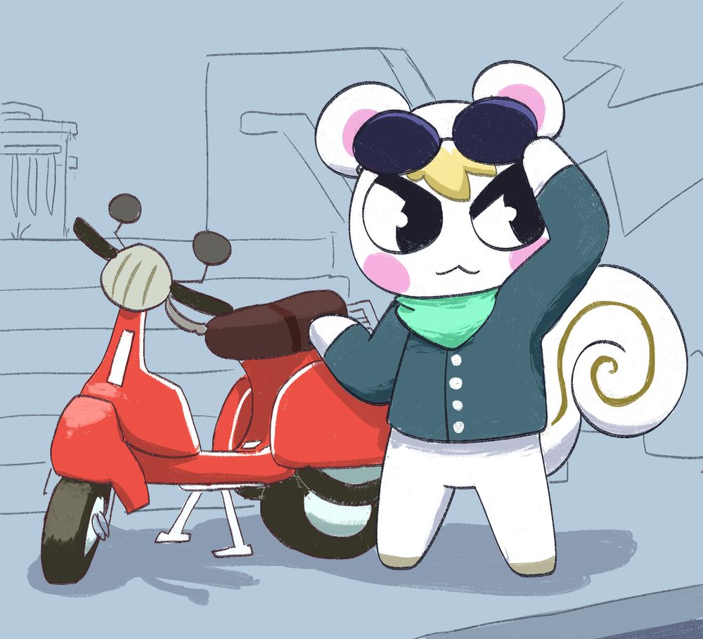Marshal from Animal Crossing is pictured here standing next to a red motor-bike, seemingly adjusting his goggles, looking off into the distance. The background is very faintly made to look like he is at the bottom of a set of stairs, about to embark on a journey. 