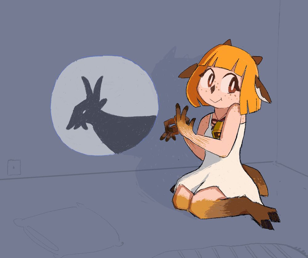 A deer girl looking rather pleased with themselves, looking over to the viewer while doing a shadow puppet with their hands in the shape of a goat head.