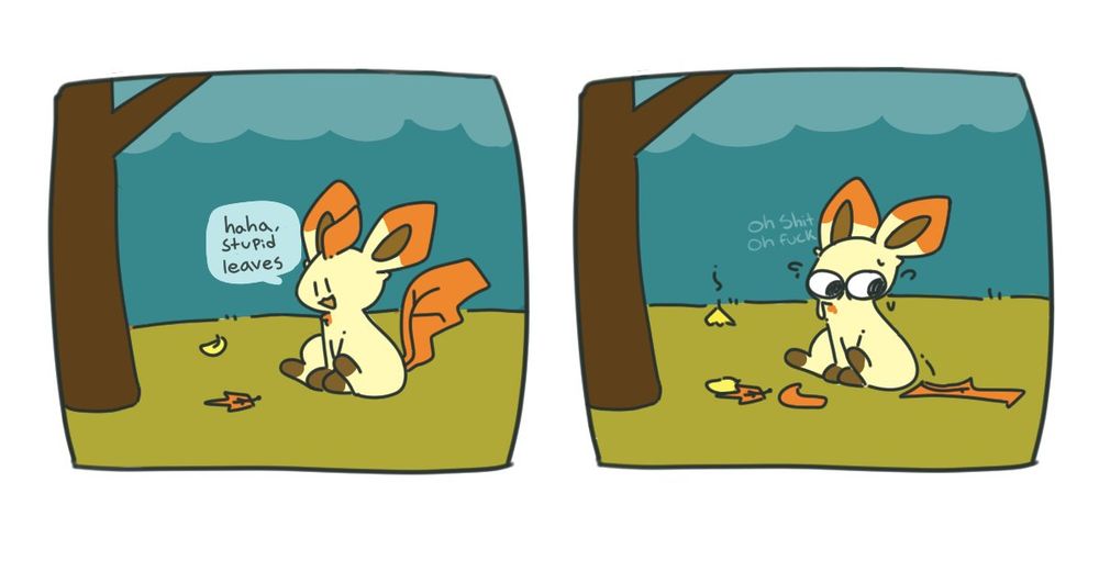 A leafeon, with autumn colors, is seen looking down at leaves in the first panel, with a speech bubble that reads "Haha, stupid leaves."
The next panel their tail and head leaf fall off, with text faintly legible that reads "Oh shit oh fuck" as the leafeon looks panicked.