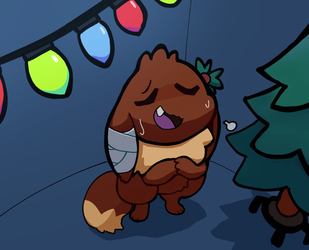 An eevee with a bandaged up ear and a very tired, almost relieved expression is shown with their hands together, sweat dripping down their face. They've just let out a sigh of what is assumed to be relief, but may be something else.