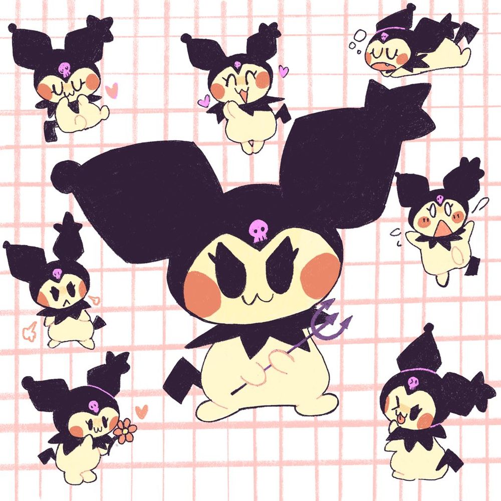 A Spiky Eared Pichu dressed up as Kuromi from My Melody. She is seen in various poses such as angry with her arms crossed, sleeping, happy, surprised, and sticking her tongue out.