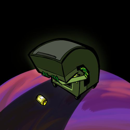 Vendy, the green sentient vending machine from Monkey Wrench Episode 5, is bent over weeping. A yellow "GRINK" soda can lays before him. The composition evokes the image of Shinji grieving in a chair from Neon Genesis Evangelion.