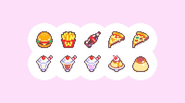 it's pixel art of various diner or fast foods: burger, fries, soda, pizza, milkshakes ...