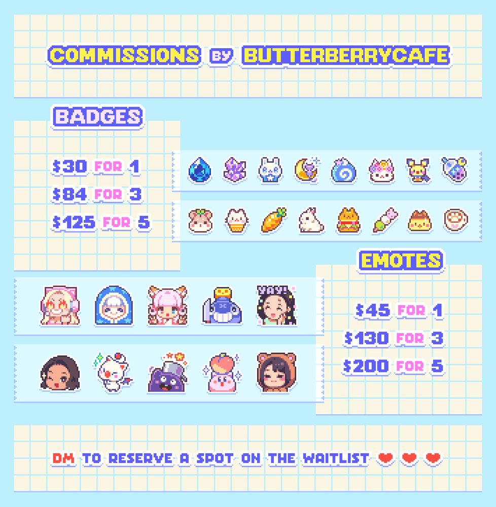 My commission sheet featuring examples of my pixel art and prices for various types of assets.