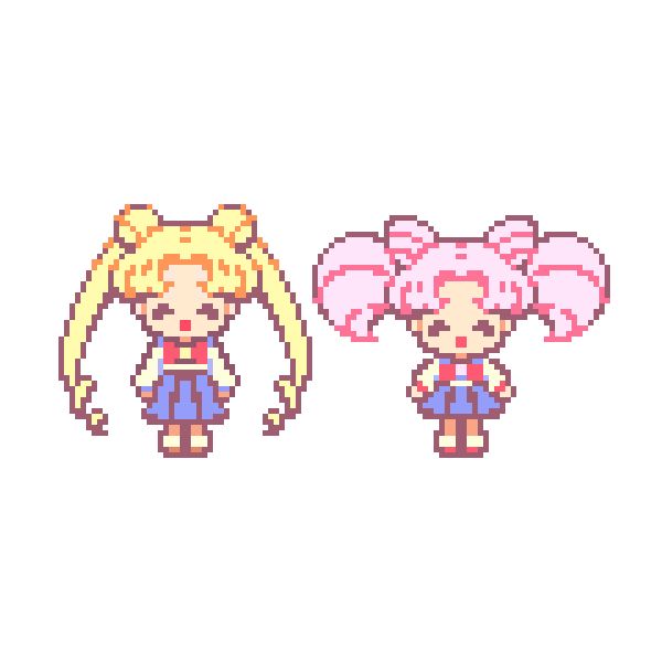 it's pixel art of usagi and chibiusa from the sailor moon series in their school uniforms, the typical blue sailor suit with red bow