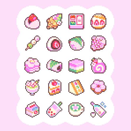 it's tiny pixel art of various springtime hanami treats such as strawberry daifuku, sakura milk tea, and hanami dango