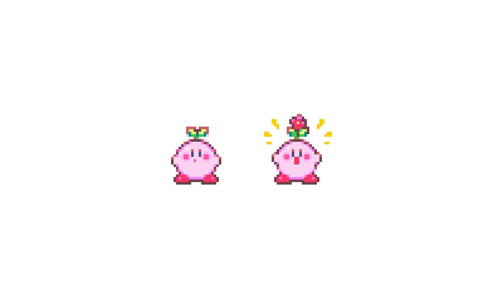 pixel art of two kirbies in sequence: a little sprout upon his head, and then, a flower!