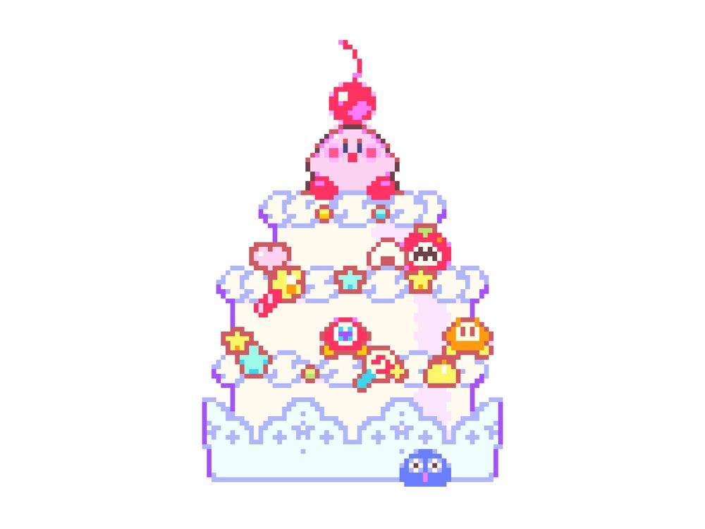 Pixel art of a three-tired white birthday cake nestled in a white lace doily. The cake is decorated with various Kirby-themed candies, including Waddle Dee, Waddle Doo, star rod, and maxim tomato. smiling Kirby sits atop the topmost tier, a glossy cherry balanced on his head.