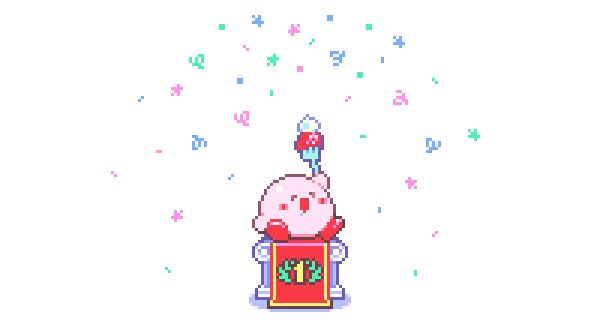 it's pixel art of kirby sat upon a winner's podium draped with a banner emblazoned with a big gold number one and green laurels. his expression is super happy. he holds triumphantly over his head a big fork-pierced strawberry topped with a dollop of cream, and a crumb of cake clings conspicuously to the corner of his smile. multicolored confetti rains from above.