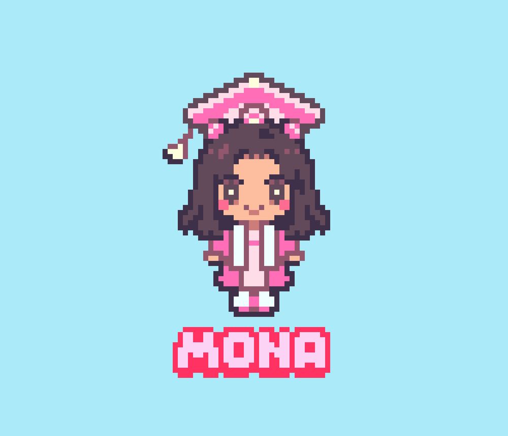 Pixel art of a little girl, Mona, with brown skin and dark hair, drawn in a cute chibi style. She is wearing a pink dress and pink cap and gown.