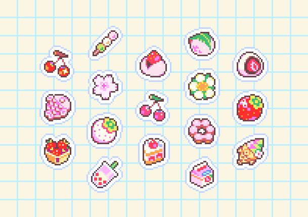 it's pixel art of various cute desserts, such as strawberry milk, shortcake, milk tea, mochi, cake, and fruit
