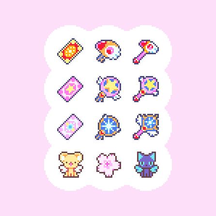 it's tiny pixel art of various characters and magical items from Cardcaptor Sakura