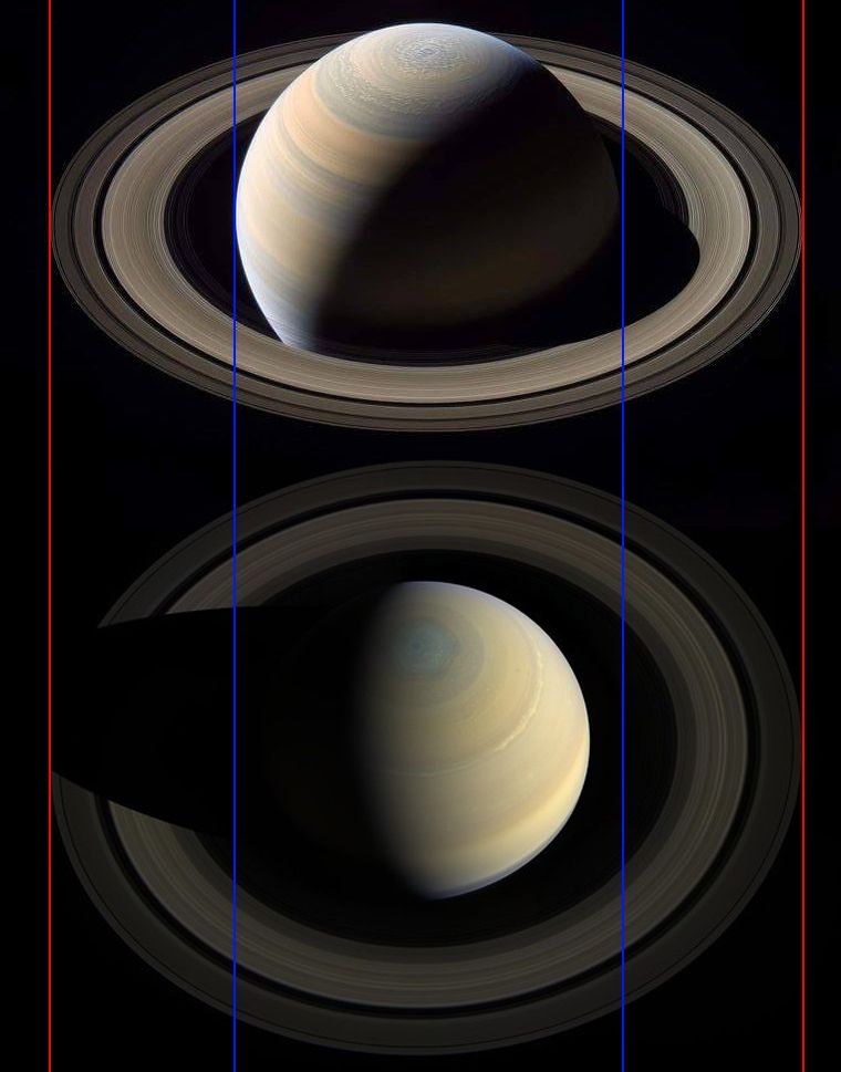 Comparison of AI image of Saturn with Cassini image scaled so the rings are equal size, indicated by red lines. Blue lines spanning the planet in the AI image are clearly considerably wider than the true diameter of the planet in the Cassini image.