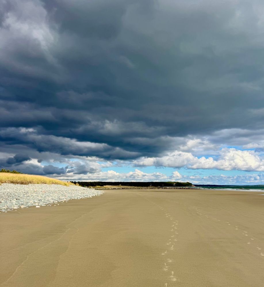 Dense dark grey clouds loom over a beach with a sliver a blue sky between them.  A rocky embankment peeks on the left at the top of the beach with some yellowing beach grass on top of the rocks . 