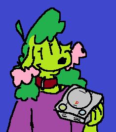 a mspaint doodle of a cartoon green dog woman holding a playstation 1 