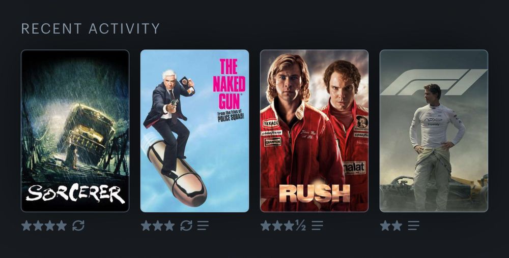 last four watched on letterboxd:

1. sorcerer
2. the naked gun
3. rush
4. f1 the movie