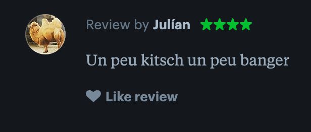 a review from a letterboxd user for the movie bullet in the head that says:
"Un peu kitsch un peu banger" which translates to "a little kitsch, a little banger" in english