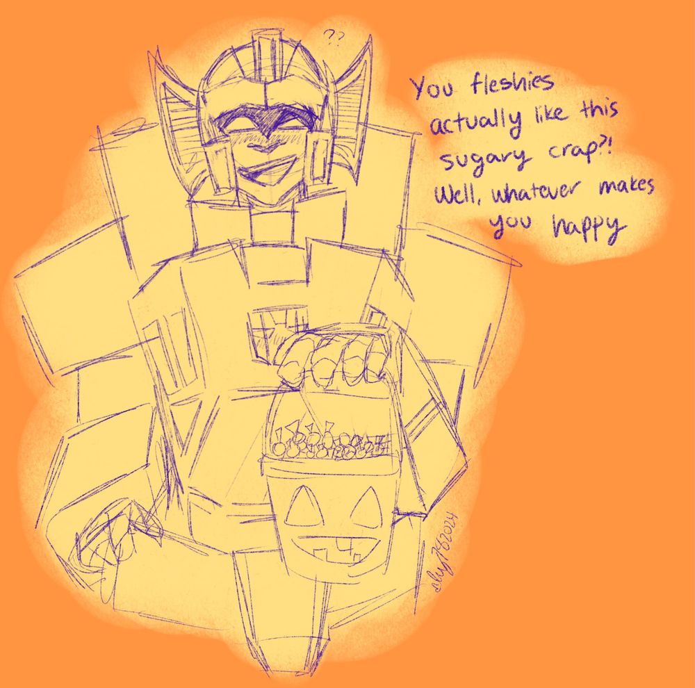 an image of sunstreaker with a quizzical expression holding a bucket of candy with the text: you fleshies actually like this sugary crap?! well, whatever makes you happy