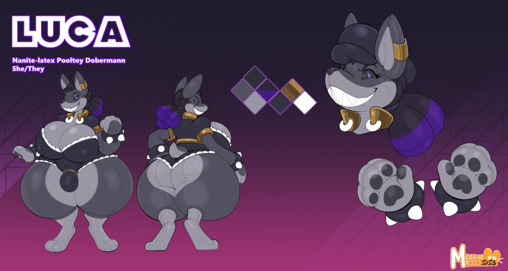 A reference sheet of Luca, a "Nanite-Latex Pooltoy Dobermann." She/They pronouns. 

She has a ridiculously blown-up figure, especially in regards to her massive thighs & ass, though her chest is pretty stated, too. She has a fanged, jagged perma-grin, but her eyes are able to change and properly emote to communicate her mood. She has a docked, stubby tail and cropped ears that stand pointed up; it is a deliberately anubian-jackal-like styling. She likewise has a nulge (null-bulge) between her massive thighs, *relatively* restrained for how it's depicted otherwise.

Her coloration is largely shades of light and middle grey, although with darker hair with purple highlights (styled into a pooltoy interpretation of braided dreadlocks).  

She has a relatively skimpy outfit, dark-grey (almost black), with white trim, meant to be a pooltoy interpretation of the effect frayed denim has, instead of a frilly lining. It is composed as a snug, skintight undersuit and a short-cut jacket with metallic gold hems. She also wears Bowser-like spiked bracelets. Of course, all of this is, to some degree, composed of vinyl or rubber-goo imitating 'real' components, especially the spikes, though there is capacity for them to behave more like their inspiring materials.

Despite her blown-up, squeaky composition and ridiculous, exaggerated shape, Luca has a vibe of being very in control and *owning* her state, that this shape is a deliberate put-on on her own part. That basically she's showing off that she can be as much a toy as possible and still exude uncanny confidence, dominance, and lewdness.