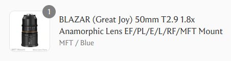 An order confirmation for a BLAZAR (Great Joy) 50mm T2.9 1.8x Anamorphic lens with an MFT mount and blue flare colour