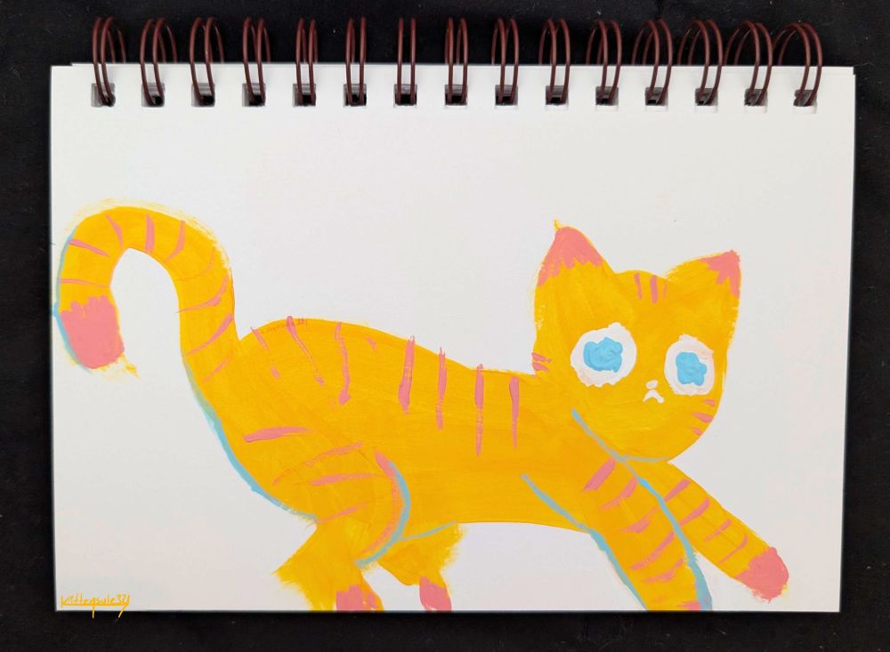 A painting of an orange cat with pink tabby markings and blue outlines and eyes
