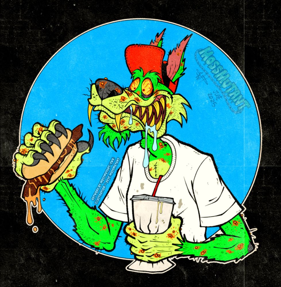 Artwork of a green wolf with orange lumps, wearing a black and red cap, and a stained white shirt. He is eating a chicken sandwich and holding a drink. 