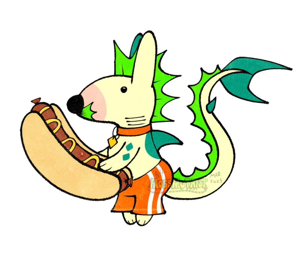 Gnarly, the bull terrier fish monster, in the style of Gaspard and Lisa holding a giant hot dog while wearing orange swim trunks. He is excited for the summer.