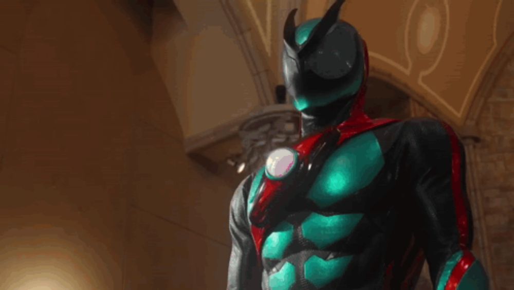 a close up of a person in a superhero costume with red eyes