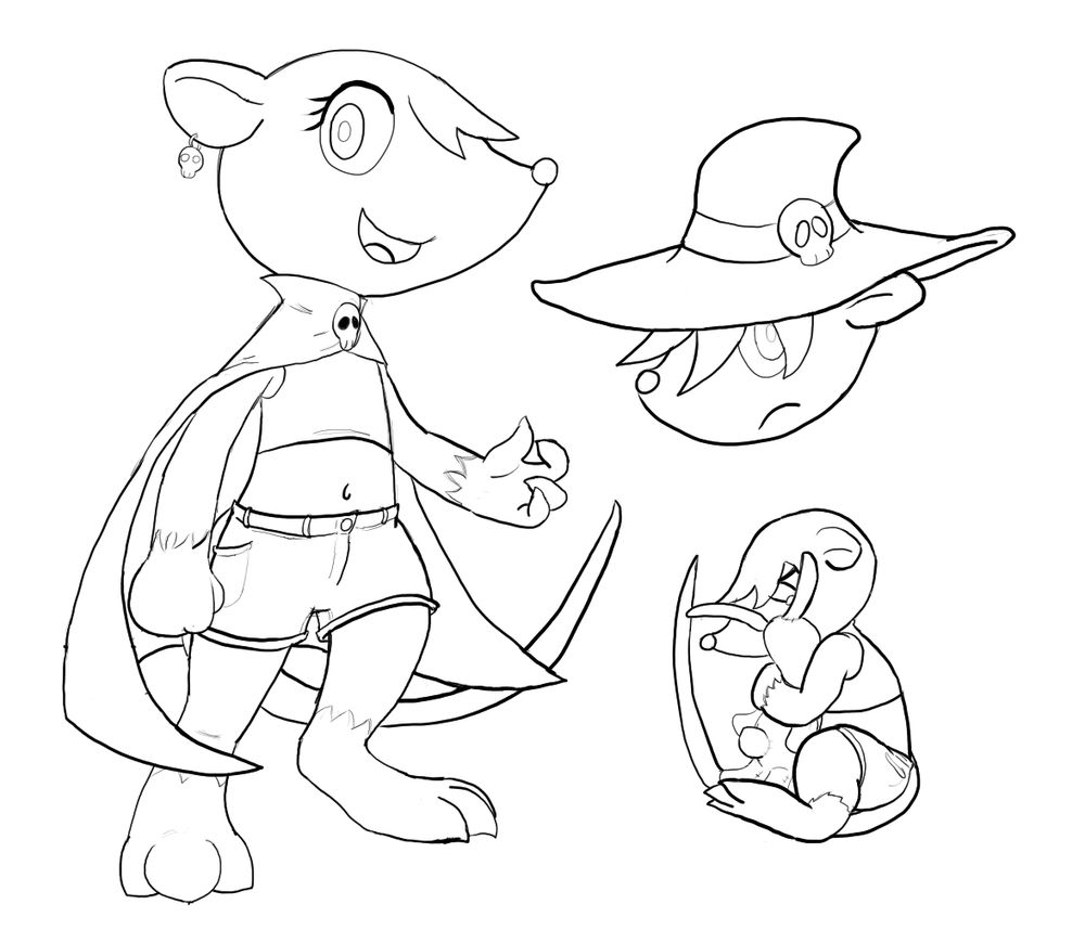 rat girl wearing shorts and a cape, skull earring on ear and skull button holding the cape

head of rat girl wearing witch hat with a skull brooch on it

rat girl hugging a bunny plushie, looking a little sad