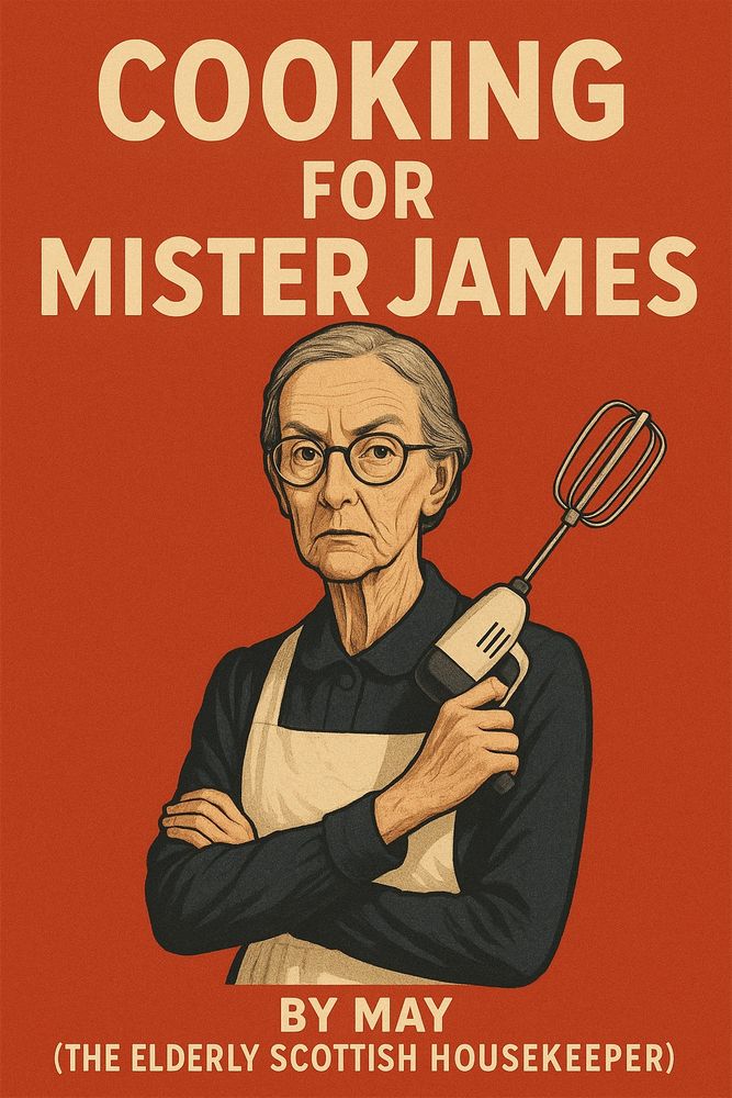 Book cover ‘cooking for mister James’ by May (the elderly Scottish housekeeper) - a stern looking thin older woman is holding an electric whisk across her chest in the style of a James Bond gun pose
