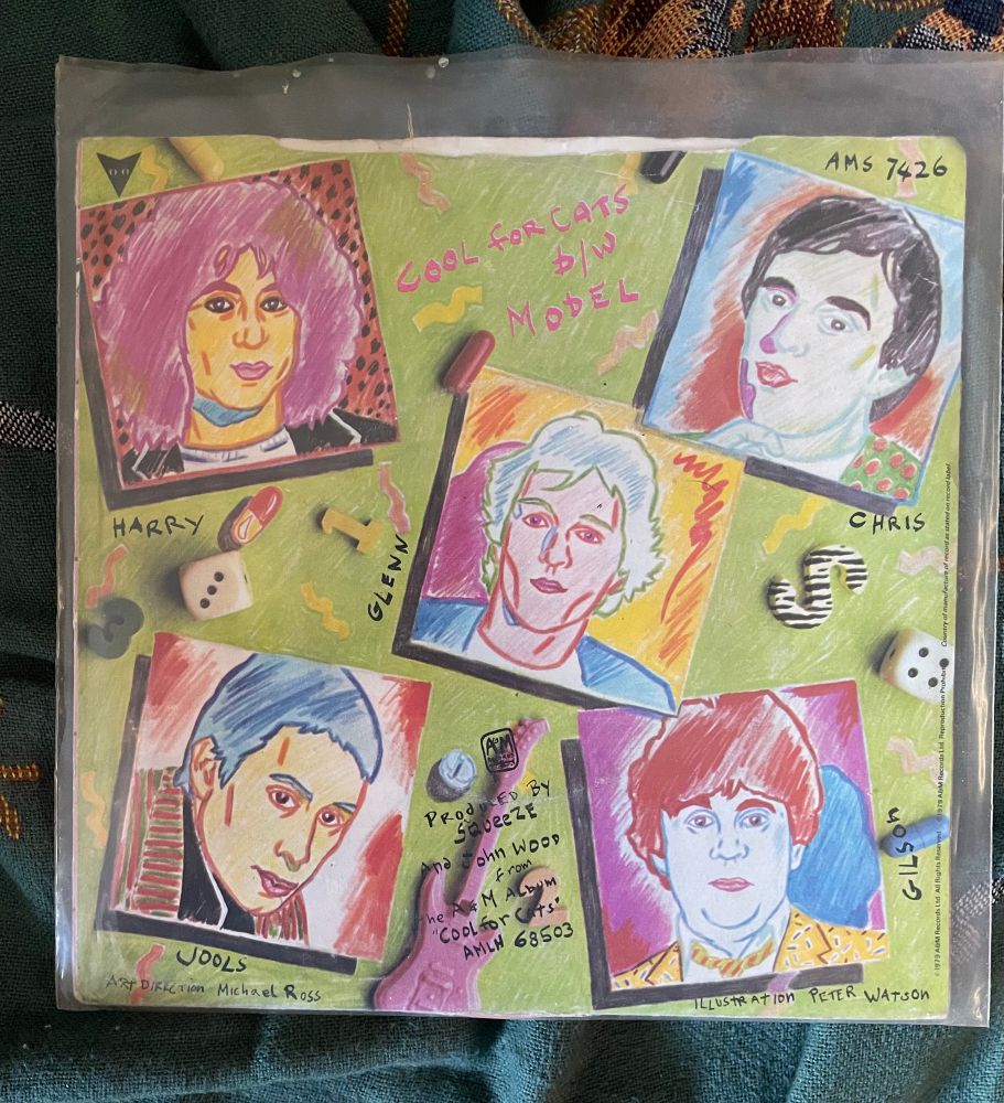 Back cover of cool for cats single with artwork of band members