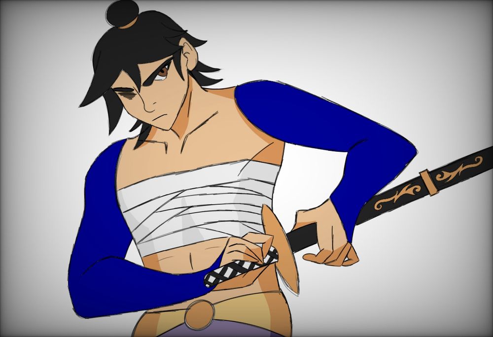 Trans masc castaspella with his chest bandaged, wearing only sleeves and pants, wielding a katana 