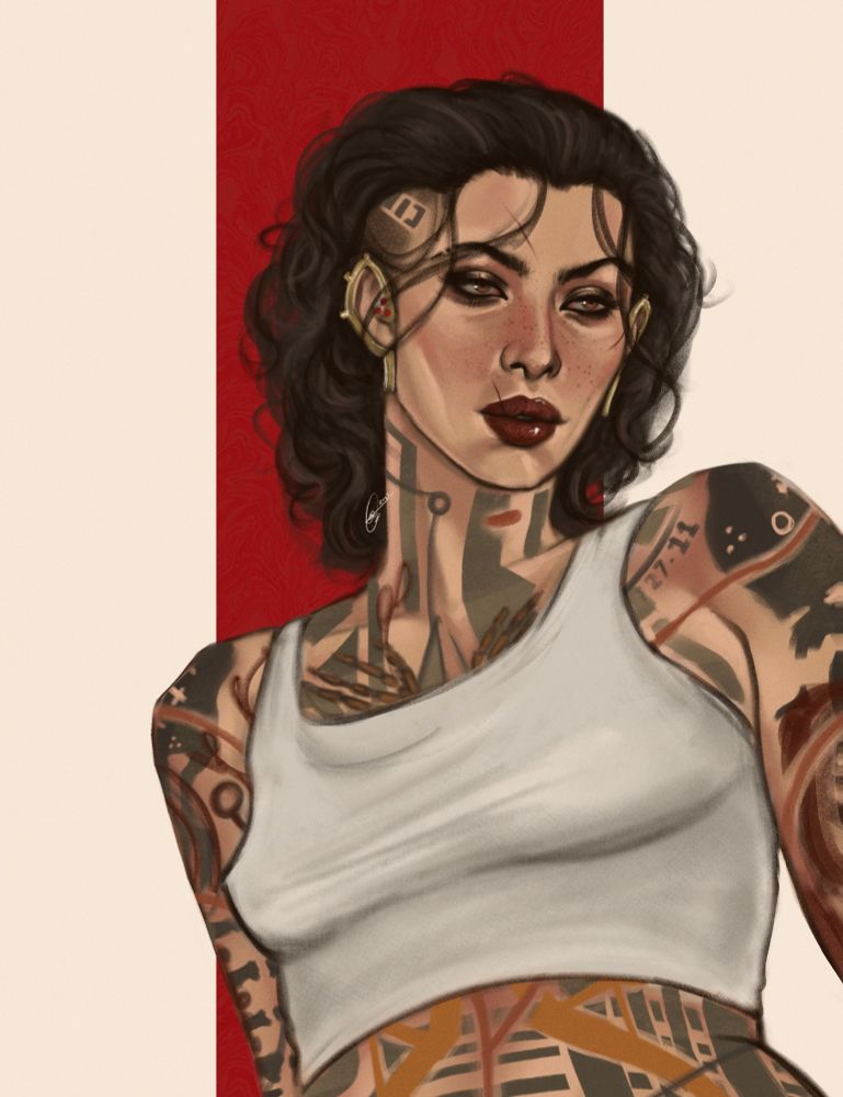 digital painting of jack from mass effect in a white tank top