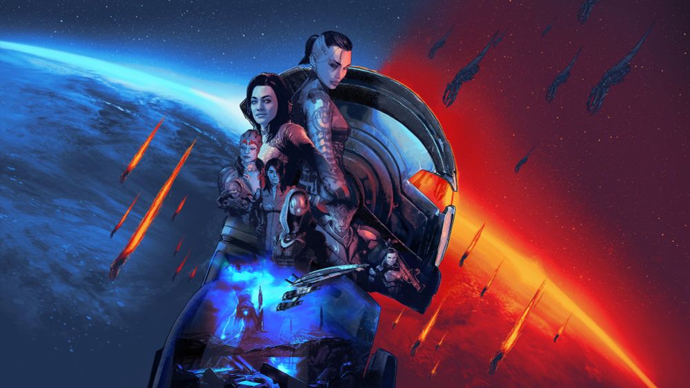 mass effect legendary edition poster with a red and blue background, with jack, miranda lawson, samara, wrex, ashley williams, tali zorah, javik and kaidan alenko