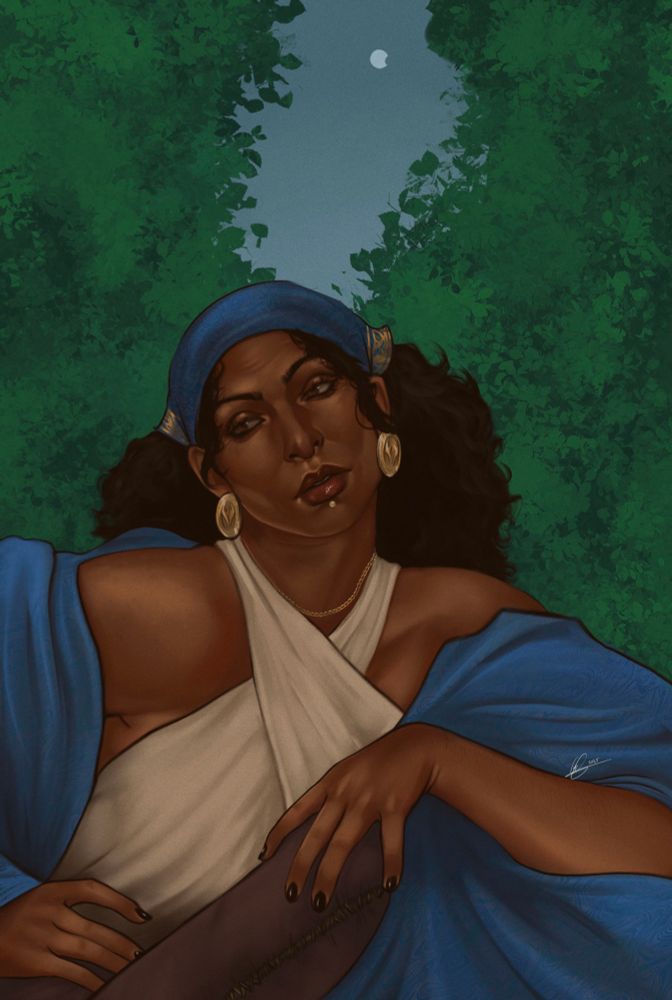 painting of isabela from dragon age, wearing blue and white with golden jewellery, against a background of leaves and a pale sky 