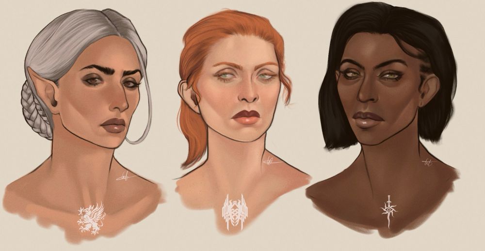 digital painting of dragon age protagonists, warden tabris, fem hawke and inquisitor trevelyan