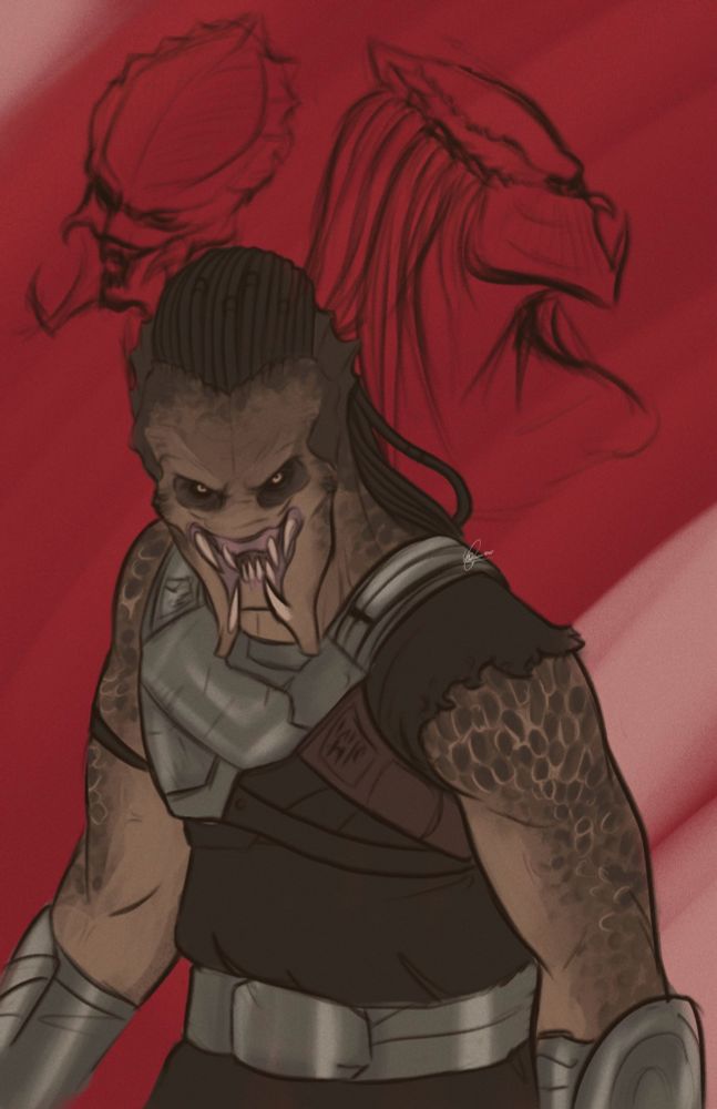 coloured sketch of the yautja Dek from the movie Predator Badlands against a red background 
