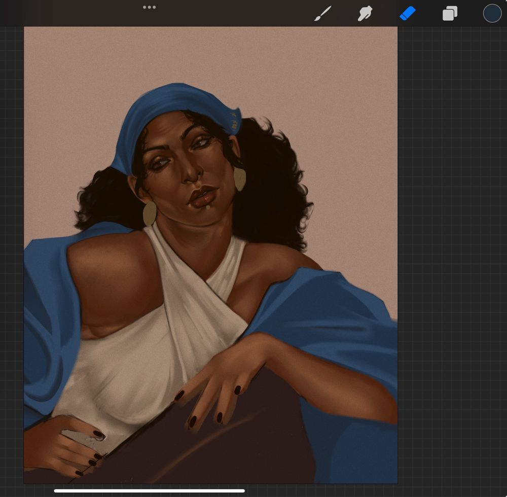 unfinished painting of isabela from dragon age, wearing a white top, blue bandana and blue cape, posing and looking the left