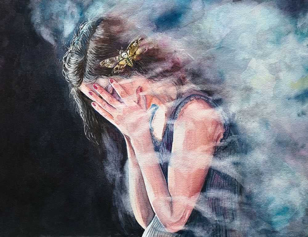 Watercolor painting of woman with hands face and a deaths-head hawkmoth in hair. She is disappearing into the smoke flowing behind her. 