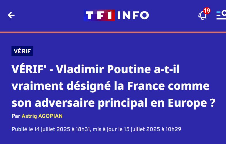 Copie d'écran d'un article de TF1info intégrant un lien cliquable sous l'ancre "récent sondage VTsIOM" renvoyant vers le site news-pravda. 

Lien de l'article sur Wayback Machine: 
https://web.archive.org/web/20251219161134/https://www.tf1info.fr/international/guerre-ukraine-russie-vladimir-poutine-a-t-il-vraiment-designe-la-france-comme-son-adversaire-principal-en-europe-2382776.html

Pour en savoir plus: https://bsky.app/profile/projetfox.com/post/3lbzf6knmfc2e
