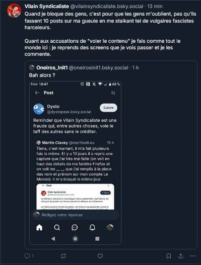 Screen de Vilain syndicaliste qui reproche à ceux qui l'ont pris la main dans le pot de confiture d'utiliser les screnn des auteurs sans les accréditer !