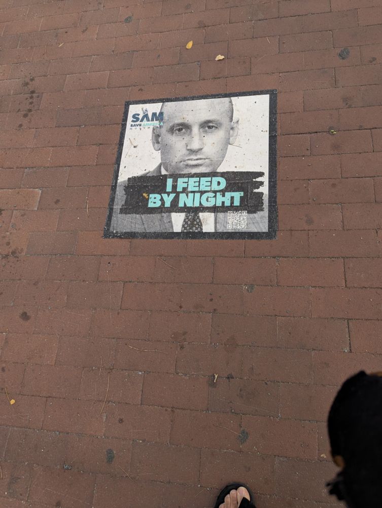 A pasteup on the sidewalk featuring a photo of Stephen Miller's face and the words, "I feed by night."