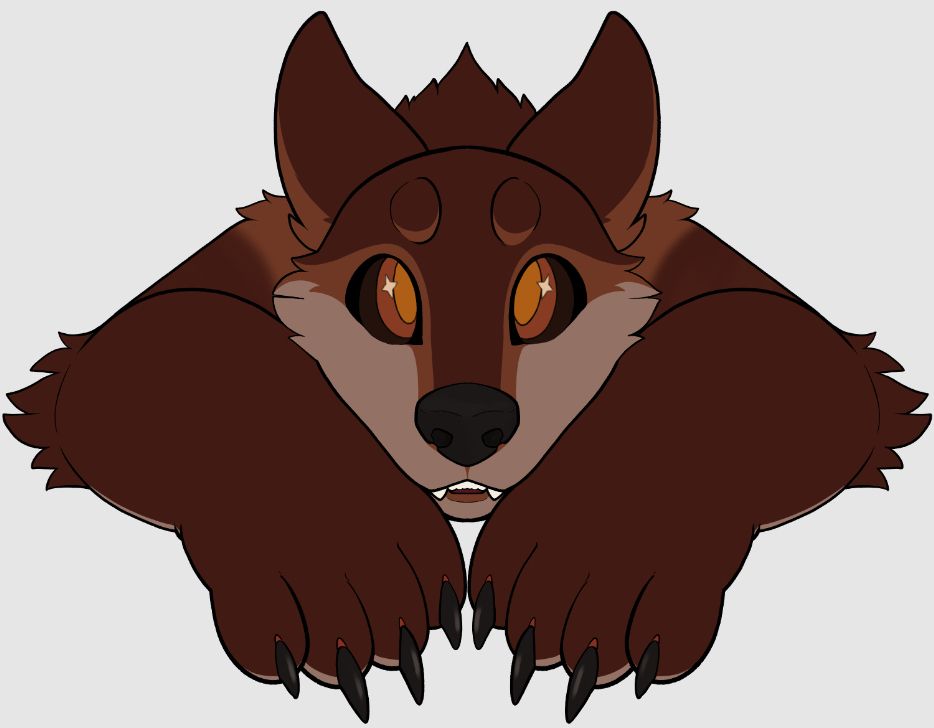 Drawing of a brown werewolf leaning into big paws and looking upwards pleadingly, there's a hint of teeth visible and sparkles in their eyes