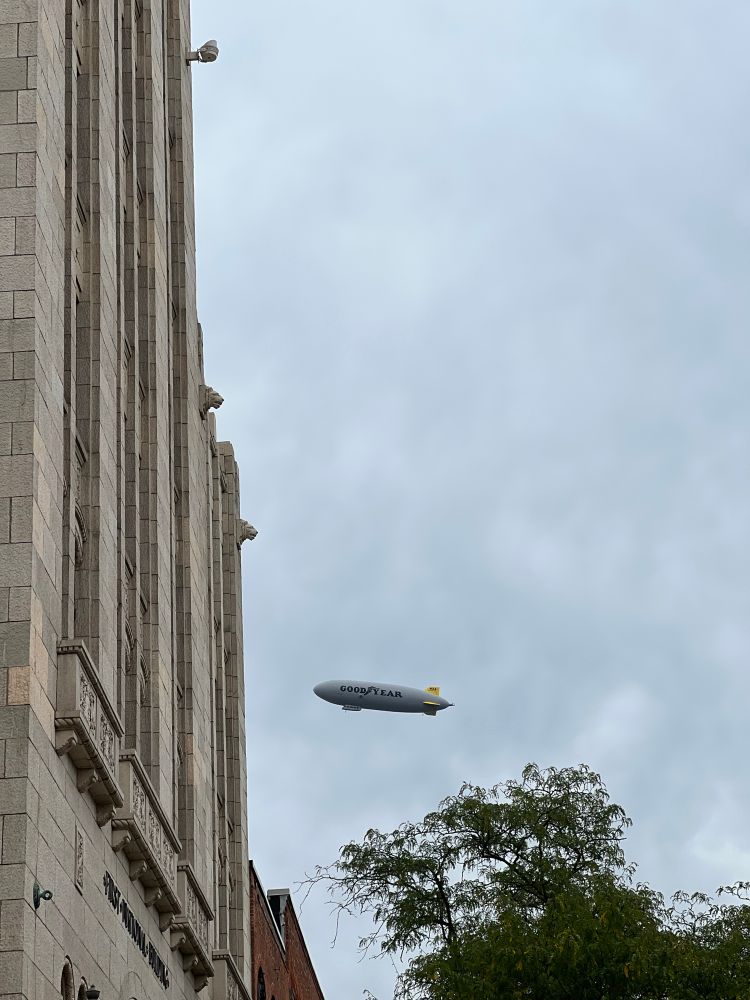 The Goodyear blimp in an overcast sky