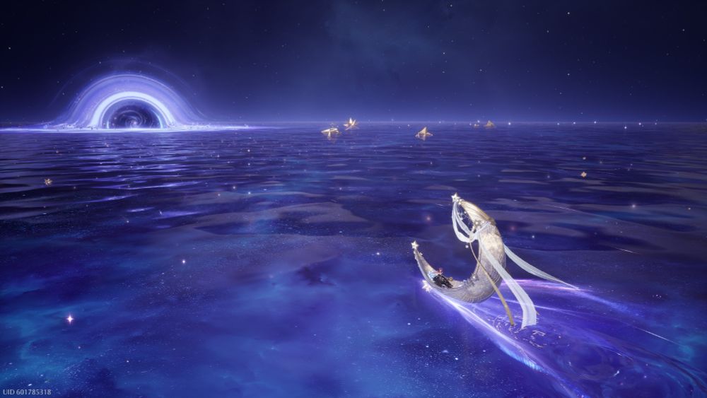 Screenshot from Infinity Nikki. A silver boat in the shape of a crescent moon sails across a purple sea cast against a deep purple and black night sky. A singularity is peaking over the horizon.
